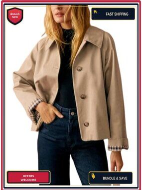 Oversized Crop Trench Coat Plaid Lining Lapel Button Pockets Casual Jacket